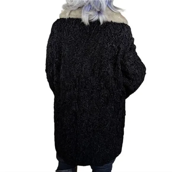 Vintage Black 50s Persian Lamb Karakul Gray Mink Collar Fur Coat Size Large - Picture 4 of 9